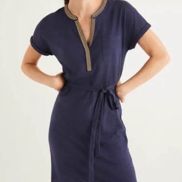 Boden Army Olive Green Gold Dora Embroidered Tie Waist Jersey Dress Size 2R - Picture 4 of 14